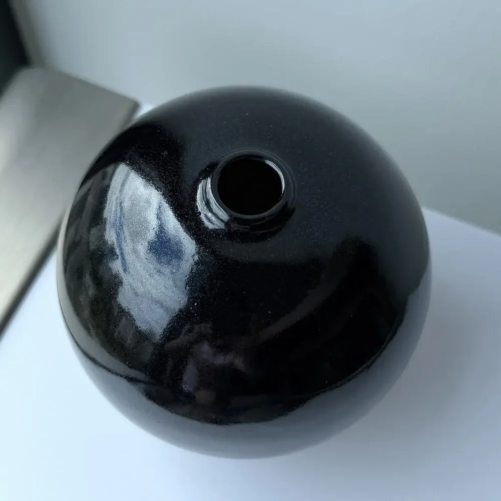 KERAMOS Studio Pottery Signed Alice Round Bulb Bud Vase Black Glaze 4.5